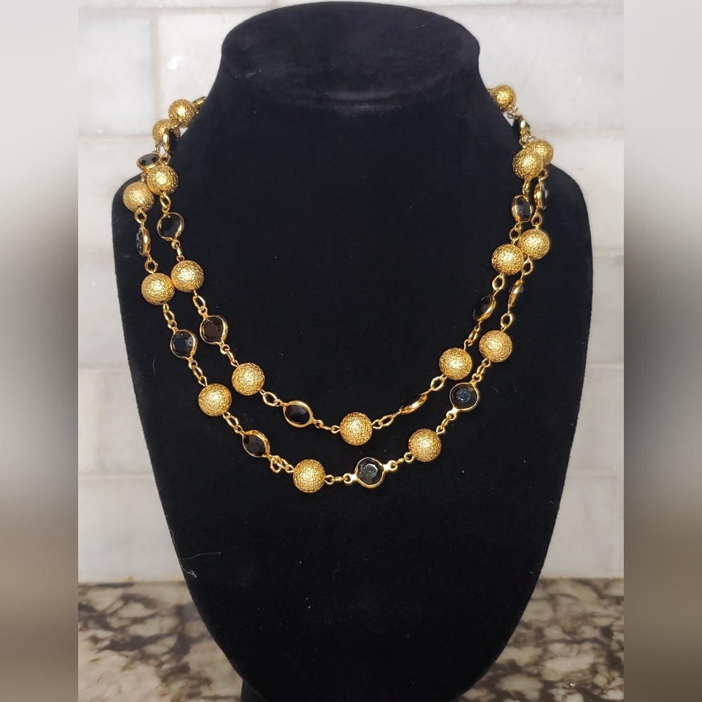 Austrian Crystal Open Back Bezel Necklace Black Gold Vintage Estate